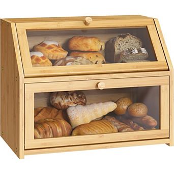 Natural 100%Bamboo Farmhouse Bread Box, Extra Large Double Layer for Kitchen Counter