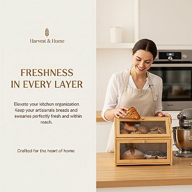 Natural 100%Bamboo Farmhouse Bread Box, Extra Large Double Layer for Kitchen Counter