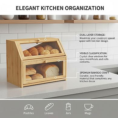 Natural 100%Bamboo Farmhouse Bread Box, Extra Large Double Layer for Kitchen Counter