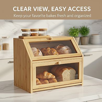 Natural 100%Bamboo Farmhouse Bread Box, Extra Large Double Layer for Kitchen Counter