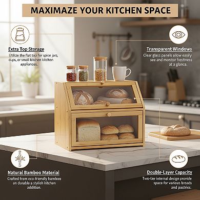 Natural 100%Bamboo Farmhouse Bread Box, Extra Large Double Layer for Kitchen Counter