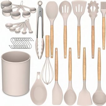 33 pc Khaki Kitchen Utensils Set, Non-Stick Silicone with Wood Handles and Stand
