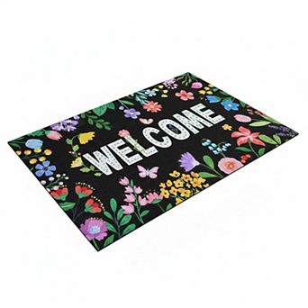 Floral Welcome Door Mat Colorful Butterfly Non Slip Absorbent Outdoor Indoor