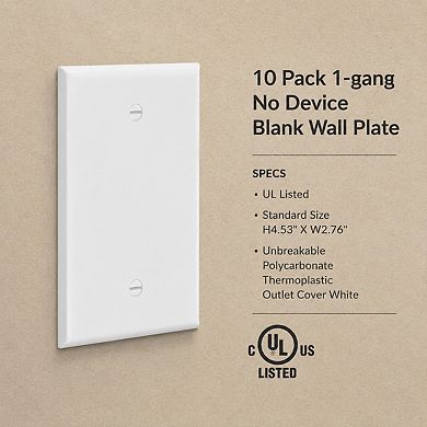 10 Pack 1 Gang Blank Wall Plate UL Listed Unbreakable Polycarbonate White