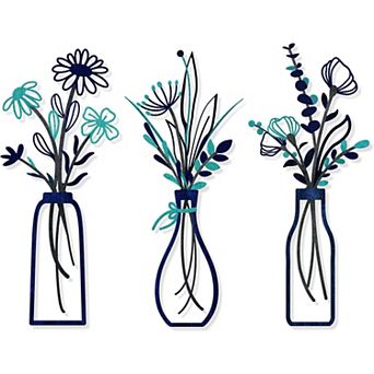 Metal Flower Wall Art Rustic Minimalist Home Decor Set, 3 pc