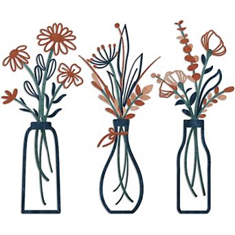 Metal Flower Wall Art Rustic Minimalist Home Decor Set, 3 pc