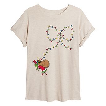 Juniors' Dr. Seuss The Grinch Christmas Lights Bow Oversized Tee
