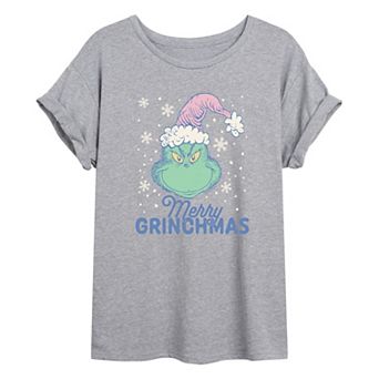 Juniors' Dr Seuss The Grinch Merry Grinchmas Oversized Tee