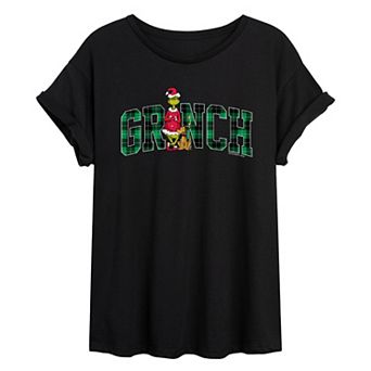 Juniors' Dr. Seuss The Grinch Christmas Plaid Logo Oversized Tee