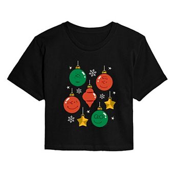 Juniors' Peanuts Christmas Ornaments Cropped Tee