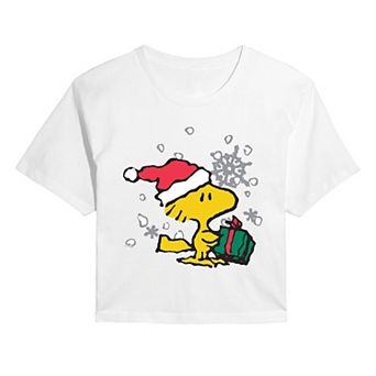 Juniors' Peanuts Woodstock Christmas Present Cropped Tee