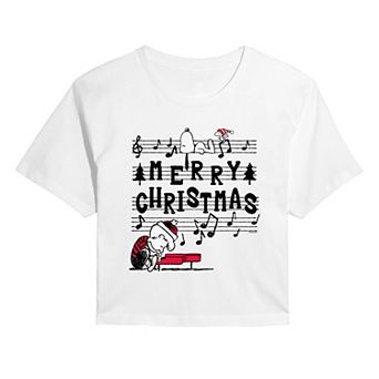 Juniors' Peanuts Merry Christmas Cropped Tee