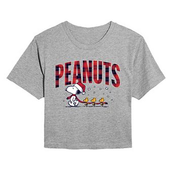 Juniors' Peanuts Snoopy & Woodstock Christmas Cropped Tee