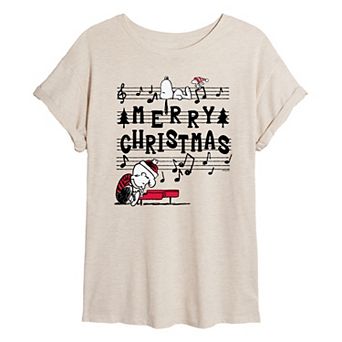 Juniors' Peanuts Merry Christmas Music Notes Oversized Tee