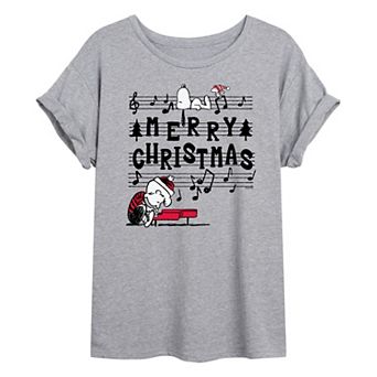 Juniors' Peanuts Merry Christmas Music Notes Oversized Tee