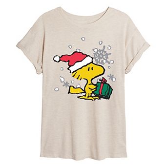 Juniors' Peanuts Woodstock Christmas Present Oversized Tee
