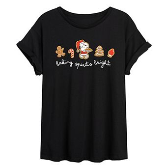 Juniors' Peanuts Sopy Baking Spirits Bright Oversized Tee