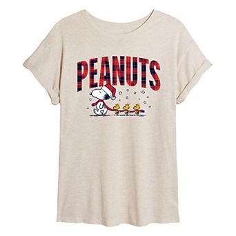 Juniors' Peanuts Snoopy & Woodstock Christmas Plaid Logo Oversized Tee