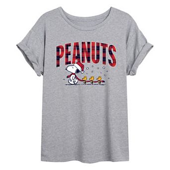 Juniors' Peanuts Snoopy & Woodstock Christmas Plaid Logo Oversized Tee