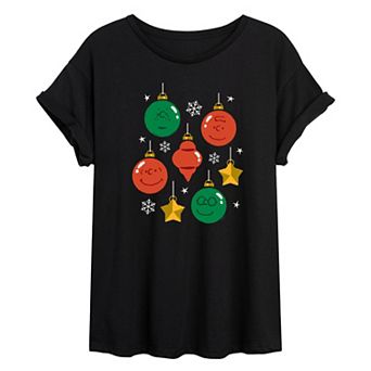 Juniors' Peanuts Christmas Ornaments Oversized Tee