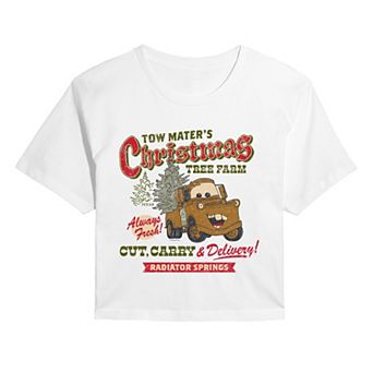 Juniors' Disney / Pixar's Cars Tow Mater's Christmas Tree Farm Cropped Tee