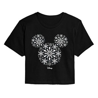 Juniors' Disney's Mickey Mouse Snowflakes Cropped Tee