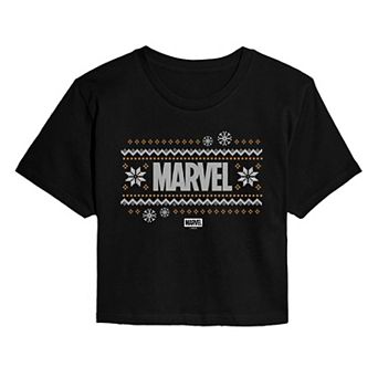 Juniors' Marvel Fair Isle Holiday Cropped Tee