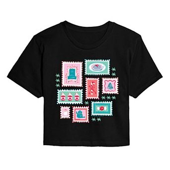 Juniors' Elf Holiday Stamp Collage Cropped Tee
