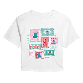 Juniors' Elf Holiday Stamp Collage Cropped Tee