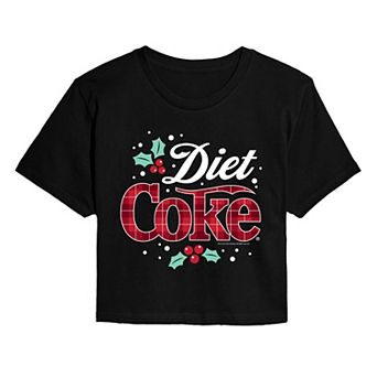 Juniors' Diet Coke Christmas Plaid Logo Cropped Tee