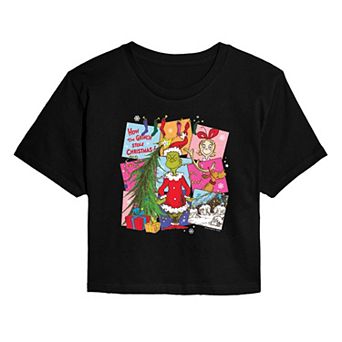 Juniors' Dr. Seuss How The Grinch Stole Christmas Grid Cropped Tee