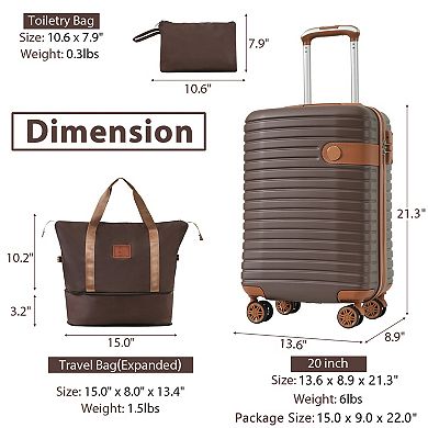 Sets 3 PCS Carry on Luggage 22x14x9 Lightweight Hardshell ABS Suitcases with Wheels 20"