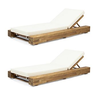 Adjustable Chaise Lounge Acacia Wood with 5-Position Recline, Set of 2