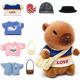 10.2inch Capybara Plush Toy with 9 Clothes and Accessories Super Soft Capybara Toy,blue sweatshirt