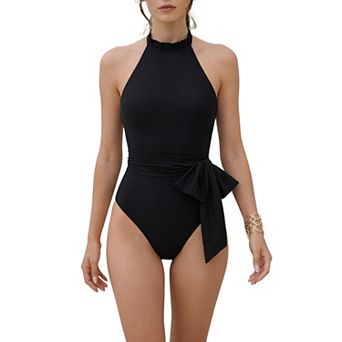 Women's Ruffle Crew High Neck Halter Monokini Bikini 1 pc Tie Side Tummy Control Swimwear