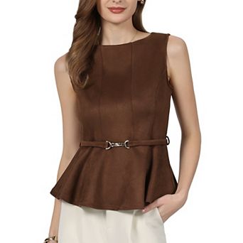 Women's Sleeveless Peplum Top Faux Suede Boat Neck Business Casual Blouse with Belted