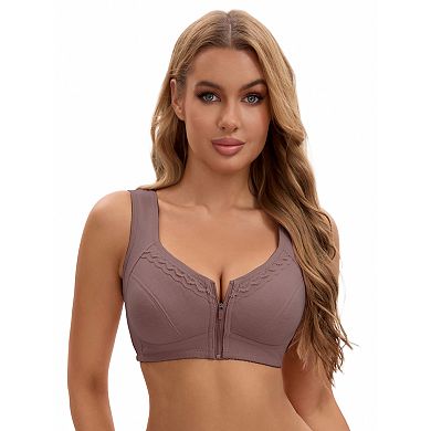 Women's Zip Front Closure Full Coverage Wirefree Bralette with Wide Straps and Tank Back