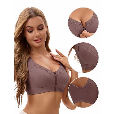 Women's Zip Front Closure Full Coverage Wirefree Bralette with Wide Straps and Tank Back