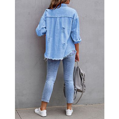 Women's Long Sleeve Denim Jacket Button Closure Casual Coat