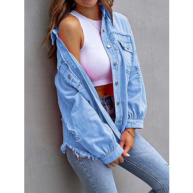 Women's Long Sleeve Denim Jacket Button Closure Casual Coat
