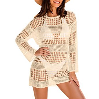 Women's Crew Neck Long Sleeve Hollow Out Pullover Beach Cover Up