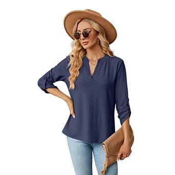 Women’s V Neck 3/4 Sleeve Blouse Textured Jacquard Top
