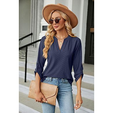 Women’s V Neck 3/4 Sleeve Blouse Textured Jacquard Top
