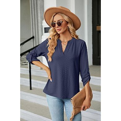 Women’s V Neck 3/4 Sleeve Blouse Textured Jacquard Top