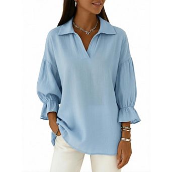 Women’s V Neck Blouse 3/4 Puff Sleeve Loose Fit Casual Top
