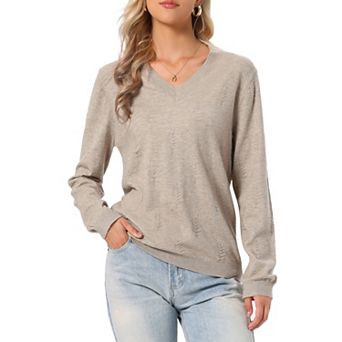 Long Sleeve Sweater for Women's V Neck Ribbed Casual Knit Pullover Tops