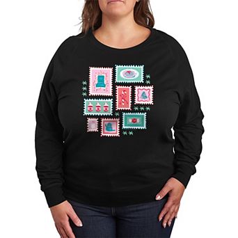 Plus Size Elf Holiday Stamp Collage French Terry Long Sleeve Tee