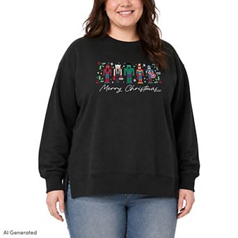 Plus Size Marvel Merry Christmas Nutcrackers Oversized Fleece Crew Sweatshirt