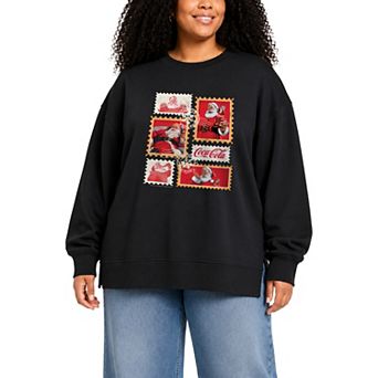 Plus Size Coca-Cola Vintage Holiday Stamp Collage Oversized Fleece Crew Sweatshirt