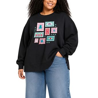 Plus Size Elf Holiday Stamp Collage Oversized Fleece Crew Sweatshirt